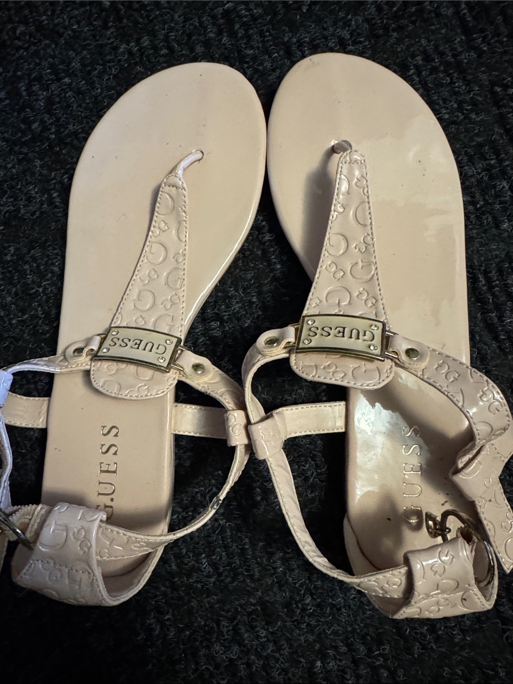 Guess Women's Patent Embossed T-Strap Sandals in Cream